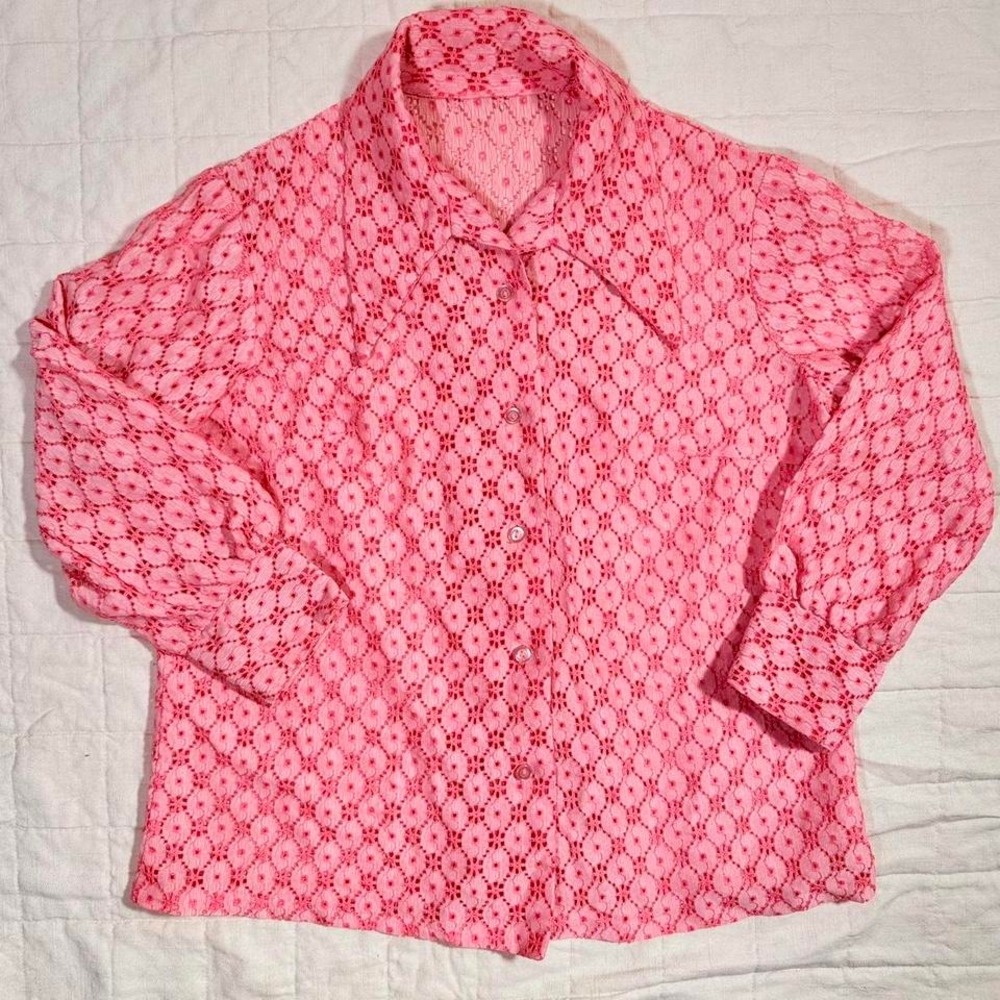 Vintage Handmade Pink Lace Button-Up Blouse (M/L)